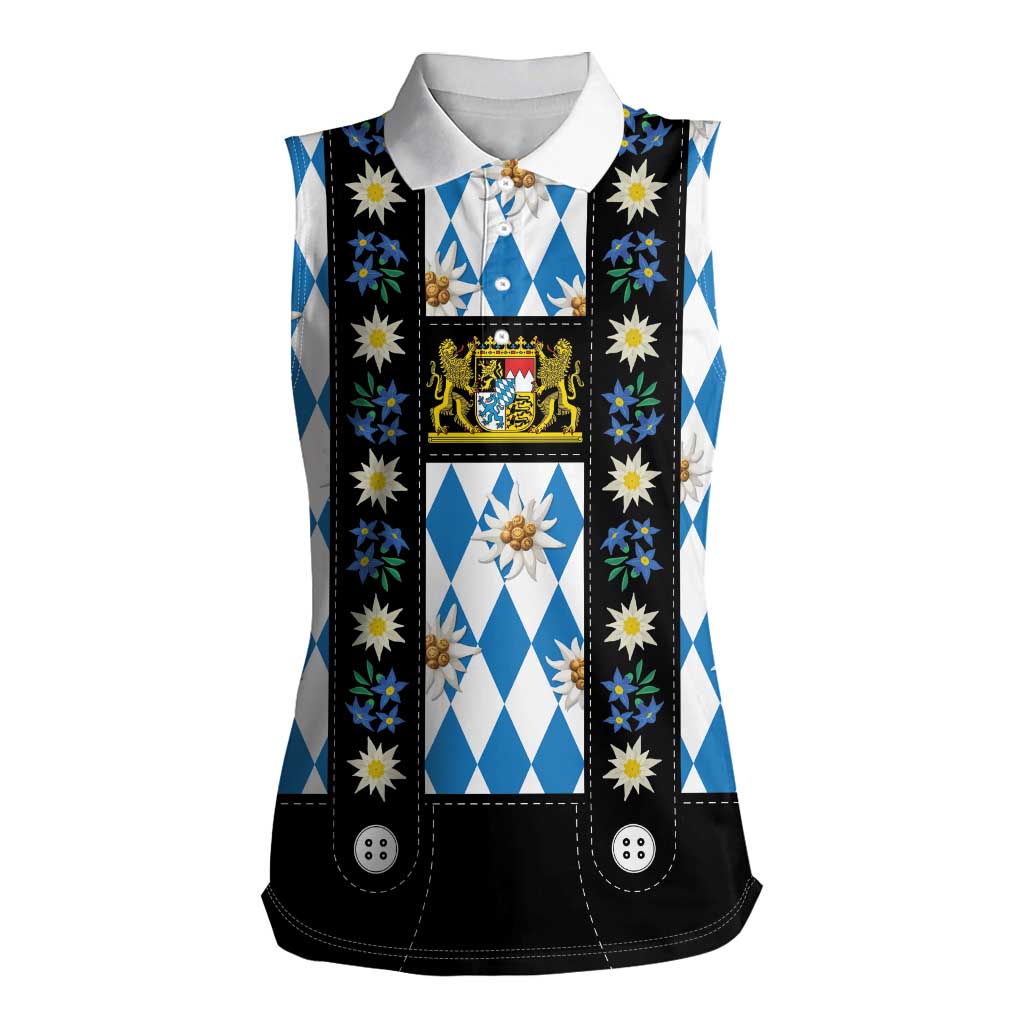 Bavaria Traditional Lederhosen Costume Women Sleeveless Polo Shirt Bavaria Emblem - Blue Plaid Pattern with Edelweiss Flowers - Wonder Print Shop