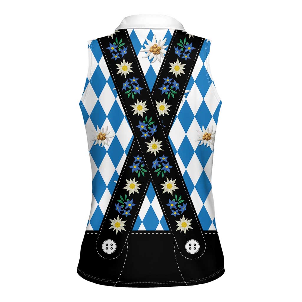 Bavaria Traditional Lederhosen Costume Women Sleeveless Polo Shirt Bavaria Emblem - Blue Plaid Pattern with Edelweiss Flowers - Wonder Print Shop