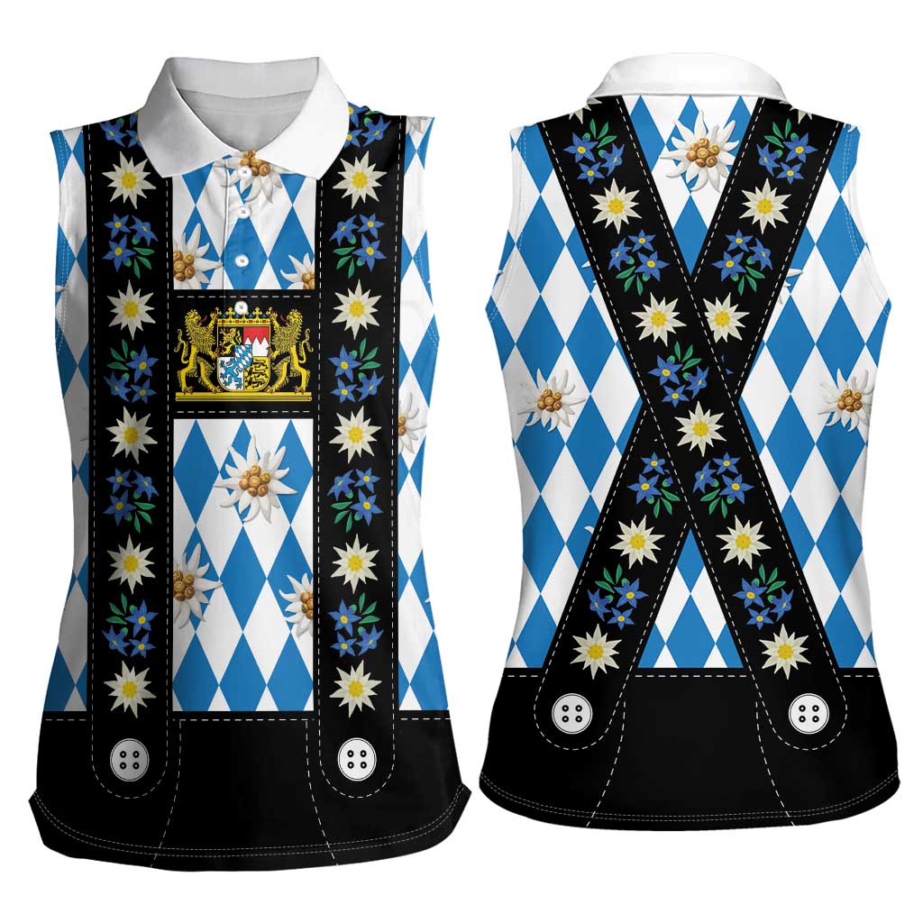 Bavaria Traditional Lederhosen Costume Women Sleeveless Polo Shirt Bavaria Emblem - Blue Plaid Pattern with Edelweiss Flowers - Wonder Print Shop