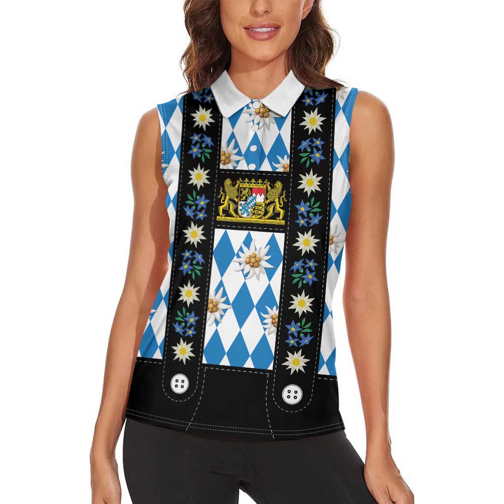 Bavaria Traditional Lederhosen Costume Women Sleeveless Polo Shirt Bavaria Emblem - Blue Plaid Pattern with Edelweiss Flowers - Wonder Print Shop
