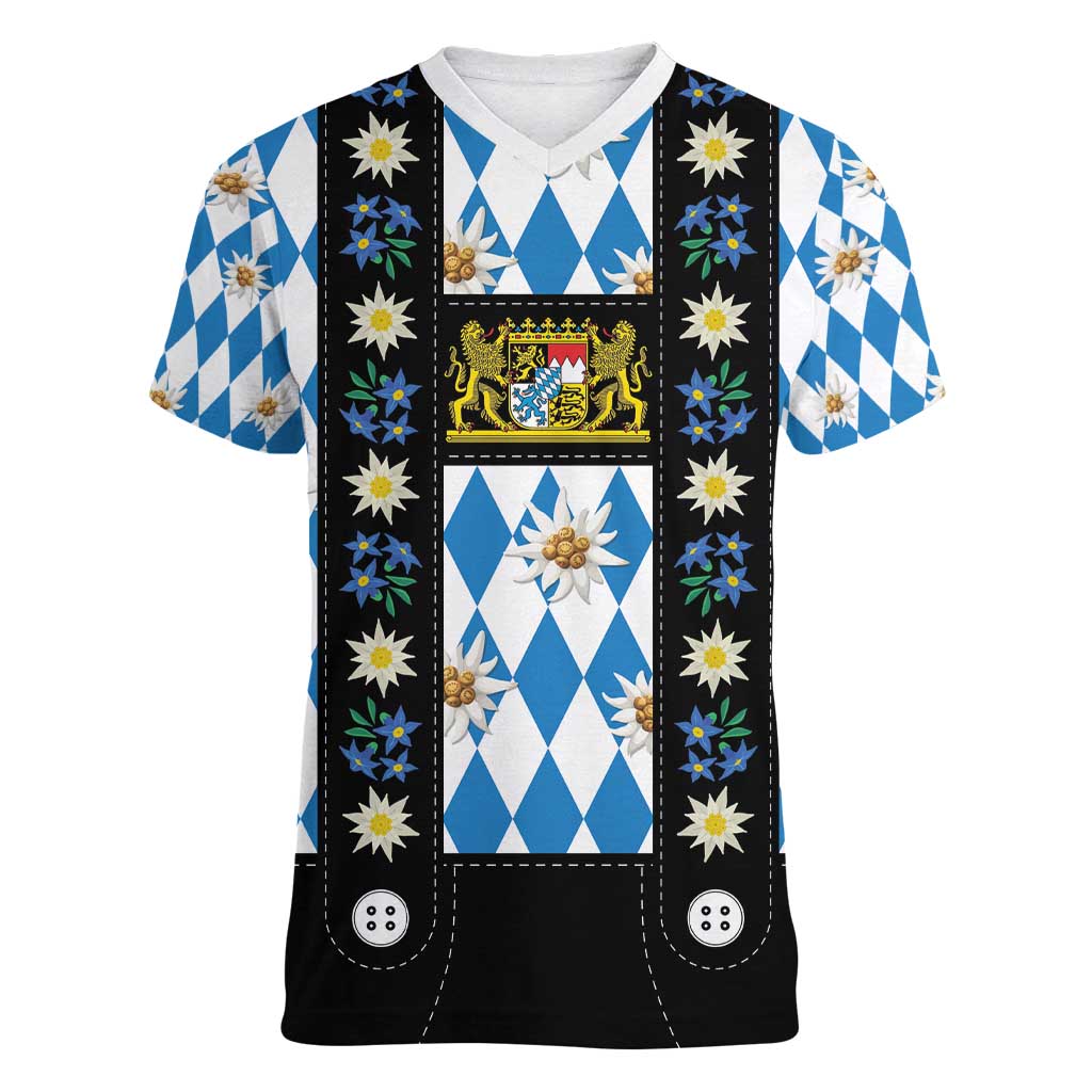 Bavaria Traditional Lederhosen Costume Women V-Neck T-Shirt Bavaria Emblem - Blue Plaid Pattern with Edelweiss Flowers - Wonder Print Shop
