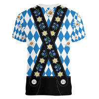 Bavaria Traditional Lederhosen Costume Women V-Neck T-Shirt Bavaria Emblem - Blue Plaid Pattern with Edelweiss Flowers - Wonder Print Shop