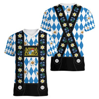 Bavaria Traditional Lederhosen Costume Women V-Neck T-Shirt Bavaria Emblem - Blue Plaid Pattern with Edelweiss Flowers - Wonder Print Shop