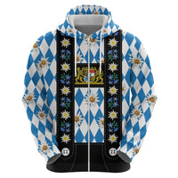 Bavaria Traditional Lederhosen Costume Zip Hoodie Bavaria Emblem - Blue Plaid Pattern with Edelweiss Flowers - Wonder Print Shop