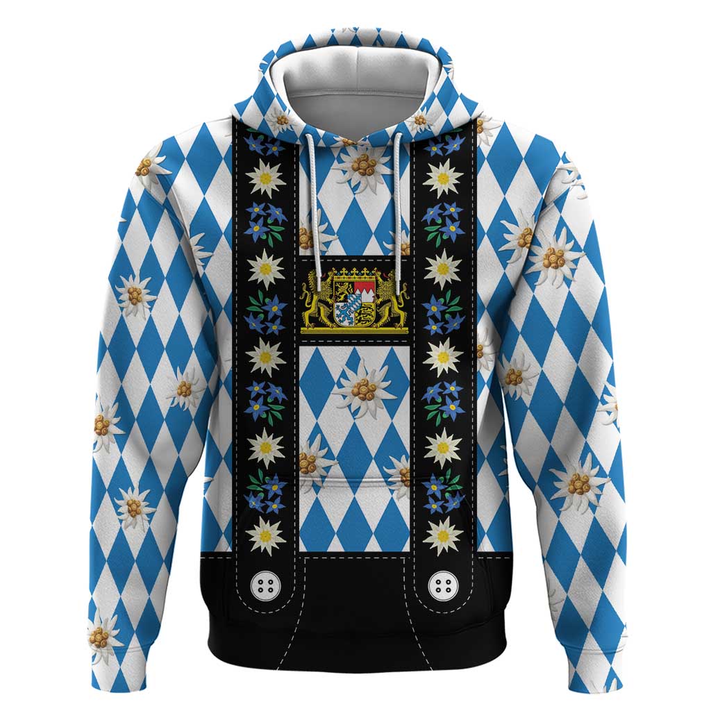 Bavaria Traditional Lederhosen Costume Zip Hoodie Bavaria Emblem - Blue Plaid Pattern with Edelweiss Flowers - Wonder Print Shop