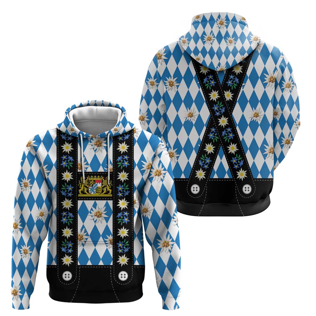 Bavaria Traditional Lederhosen Costume Zip Hoodie Bavaria Emblem - Blue Plaid Pattern with Edelweiss Flowers - Wonder Print Shop