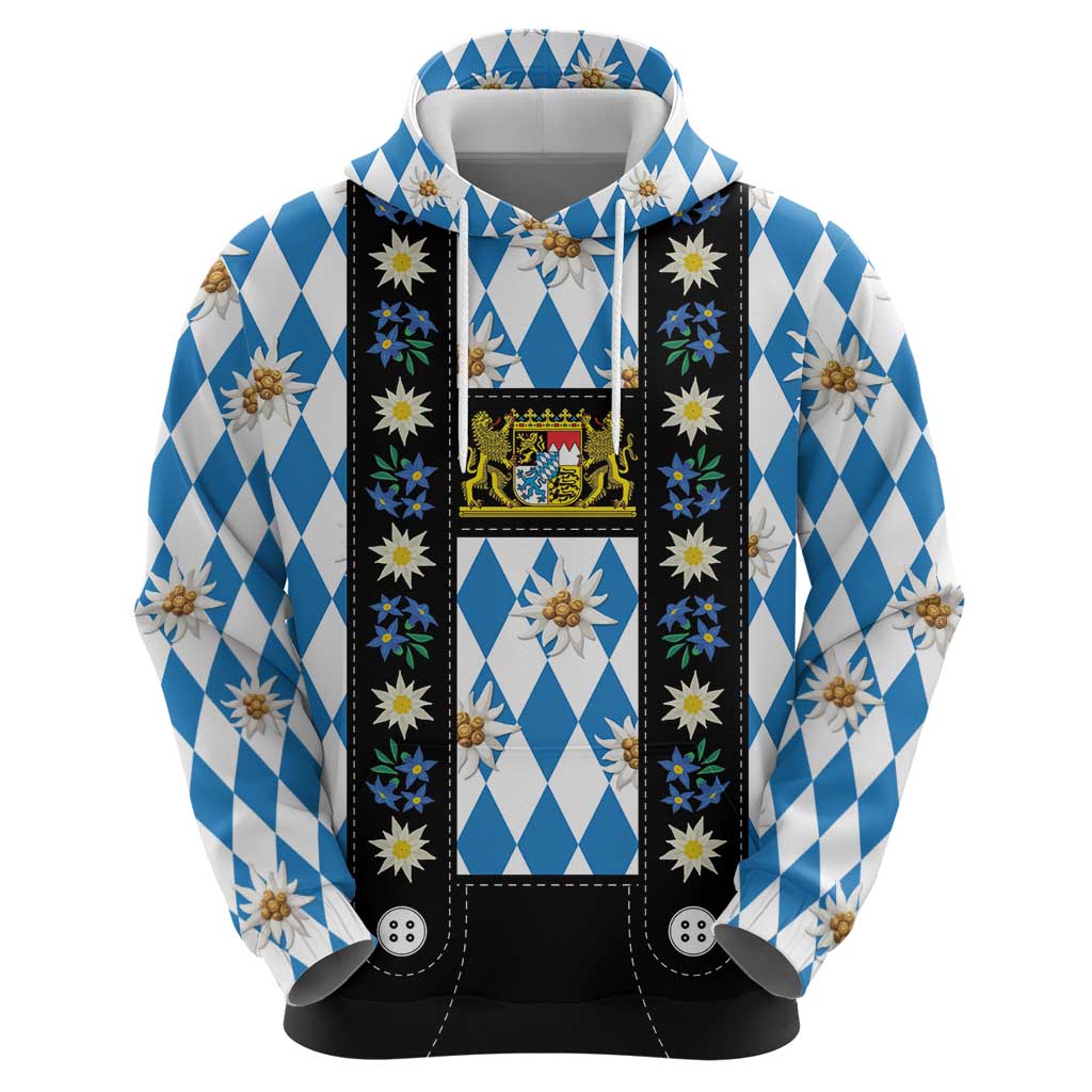 Bavaria Traditional Lederhosen Costume Zip Hoodie Bavaria Emblem - Blue Plaid Pattern with Edelweiss Flowers - Wonder Print Shop