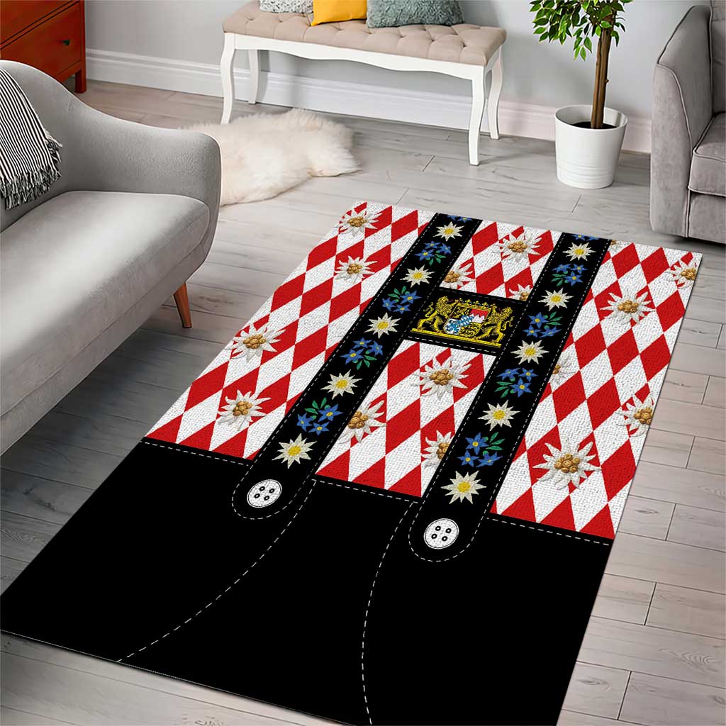 Bavaria Traditional Lederhosen Costume Area Rug Bavaria Emblem -  Red Plaid Pattern with Edelweiss Flowers