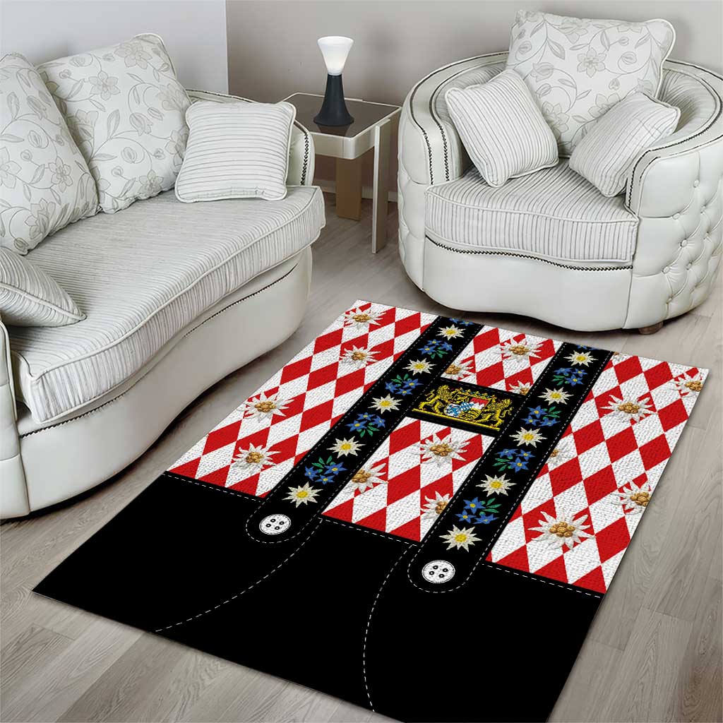 Bavaria Traditional Lederhosen Costume Area Rug Bavaria Emblem -  Red Plaid Pattern with Edelweiss Flowers