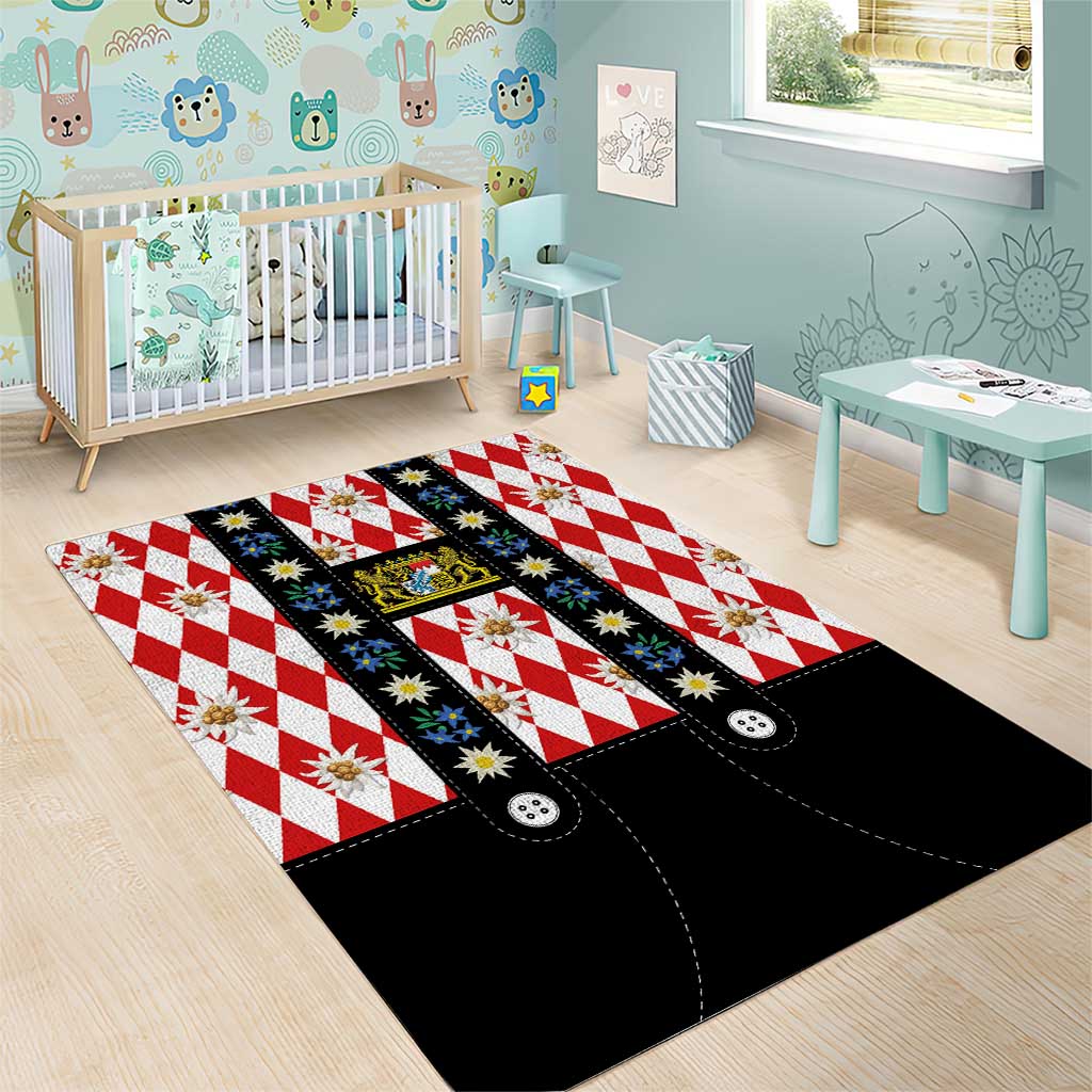 Bavaria Traditional Lederhosen Costume Area Rug Bavaria Emblem -  Red Plaid Pattern with Edelweiss Flowers