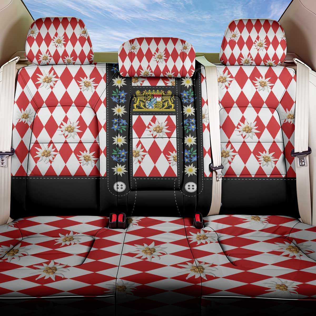 Bavaria Traditional Lederhosen Costume Back Car Seat Cover Bavaria Emblem -  Red Plaid Pattern with Edelweiss Flowers