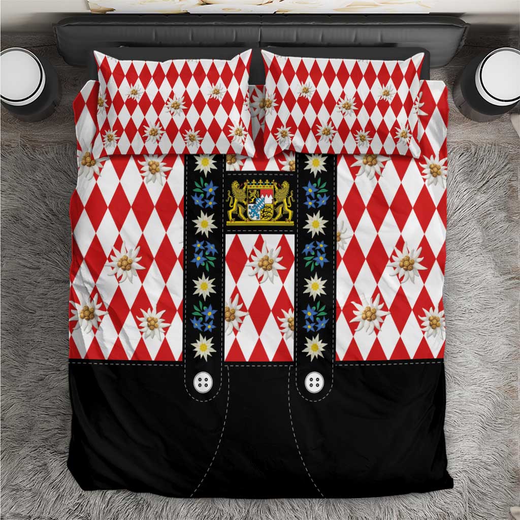 Bavaria Traditional Lederhosen Costume Bedding Set Bavaria Emblem -  Red Plaid Pattern with Edelweiss Flowers