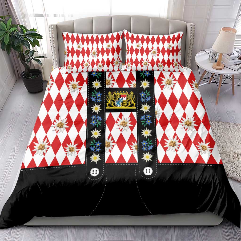 Bavaria Traditional Lederhosen Costume Bedding Set Bavaria Emblem -  Red Plaid Pattern with Edelweiss Flowers