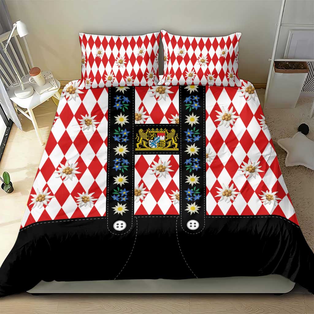 Bavaria Traditional Lederhosen Costume Bedding Set Bavaria Emblem -  Red Plaid Pattern with Edelweiss Flowers