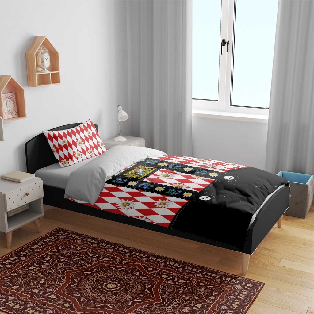 Bavaria Traditional Lederhosen Costume Bedding Set Bavaria Emblem -  Red Plaid Pattern with Edelweiss Flowers