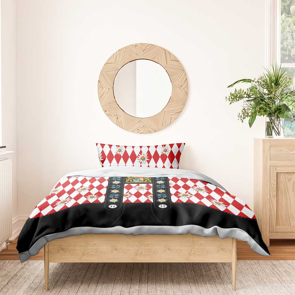 Bavaria Traditional Lederhosen Costume Bedding Set Bavaria Emblem -  Red Plaid Pattern with Edelweiss Flowers
