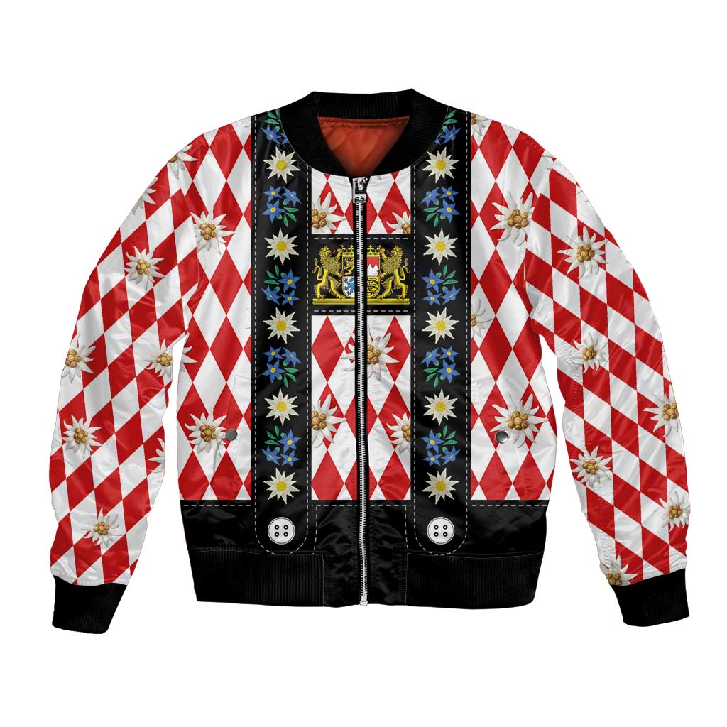 Bavaria Traditional Lederhosen Costume Bomber Jacket Bavaria Emblem -  Red Plaid Pattern with Edelweiss Flowers