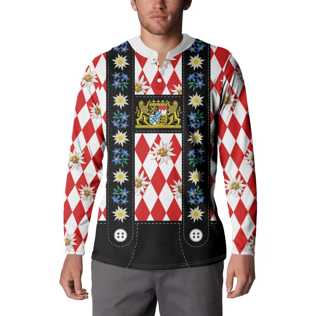 Bavaria Traditional Lederhosen Costume Button Sweatshirt Bavaria Emblem -  Red Plaid Pattern with Edelweiss Flowers