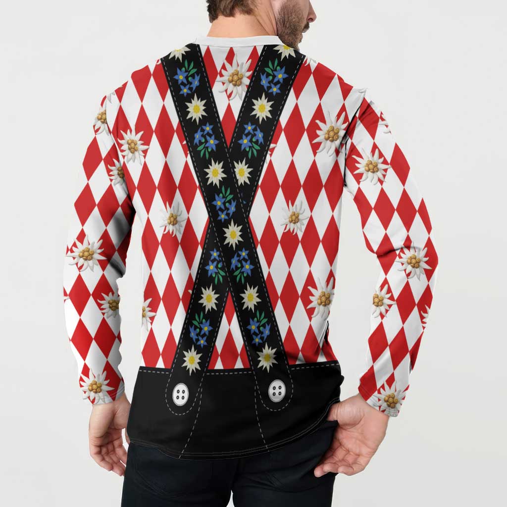 Bavaria Traditional Lederhosen Costume Button Sweatshirt Bavaria Emblem -  Red Plaid Pattern with Edelweiss Flowers