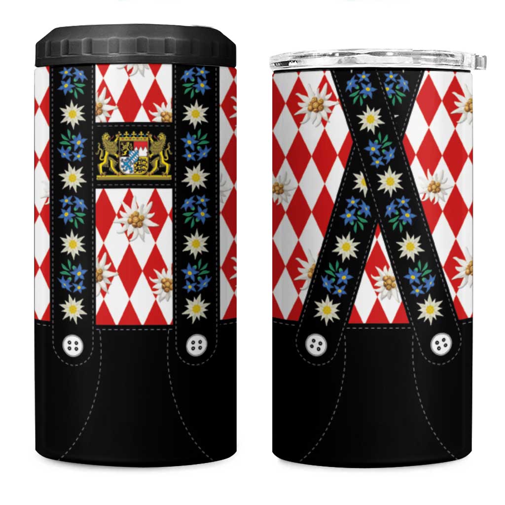 Traditional Bavarian Costume - Lederhosen 4 in 1 Can Cooler Tumbler Bavaria Emblem -  Red Plaid Pattern with Edelweiss Flowers
