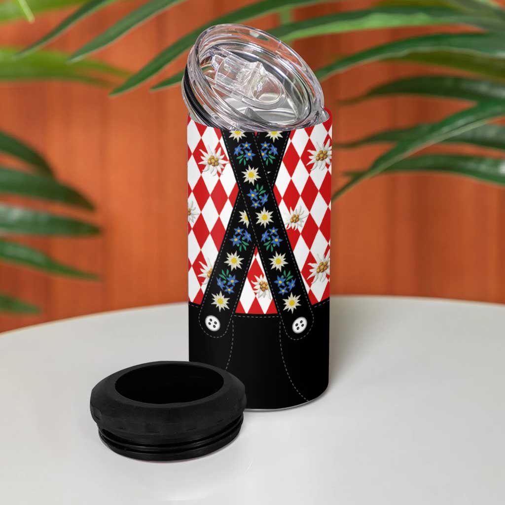Traditional Bavarian Costume - Lederhosen 4 in 1 Can Cooler Tumbler Bavaria Emblem -  Red Plaid Pattern with Edelweiss Flowers