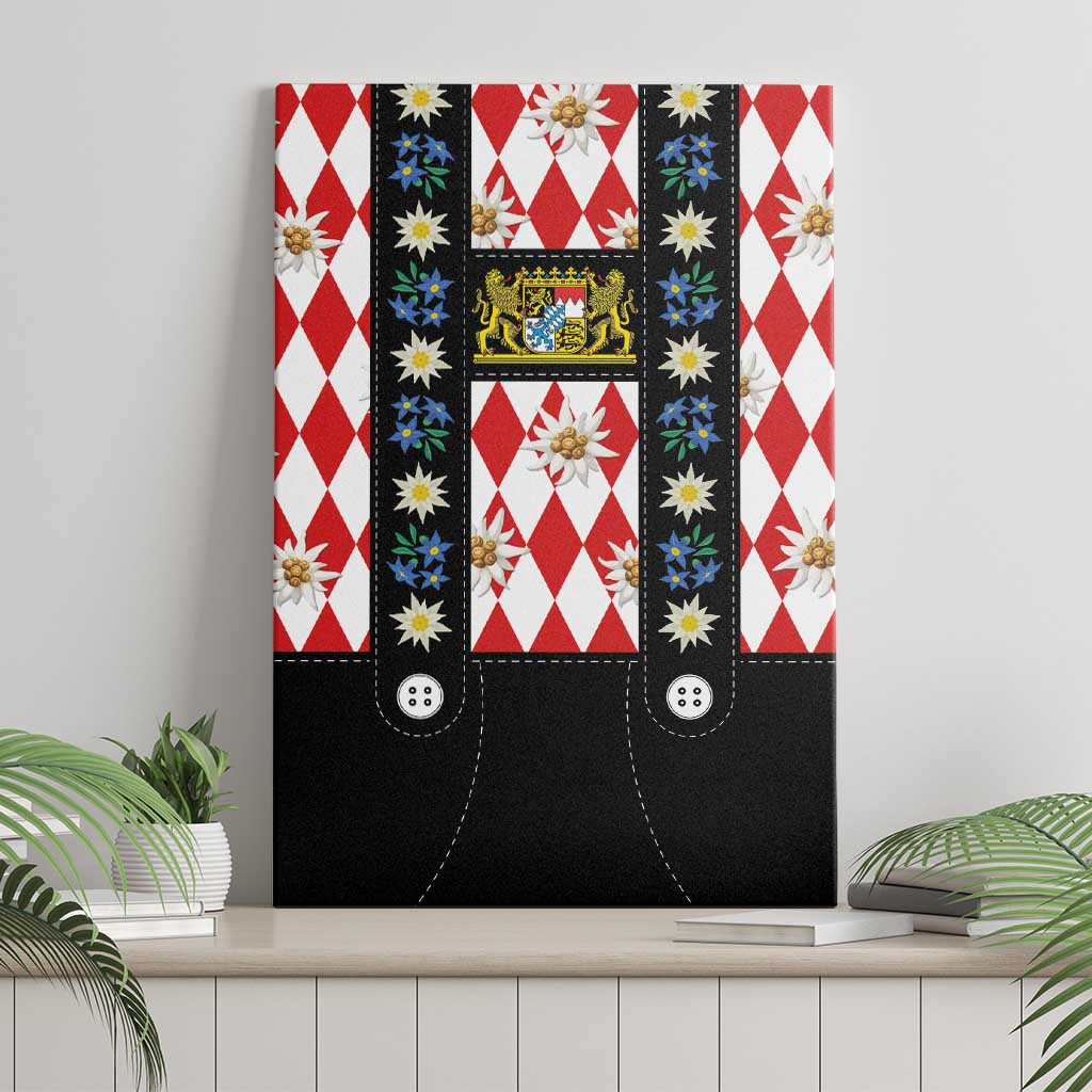 Bavaria Traditional Lederhosen Costume Canvas Wall Art Bavaria Emblem -  Red Plaid Pattern with Edelweiss Flowers