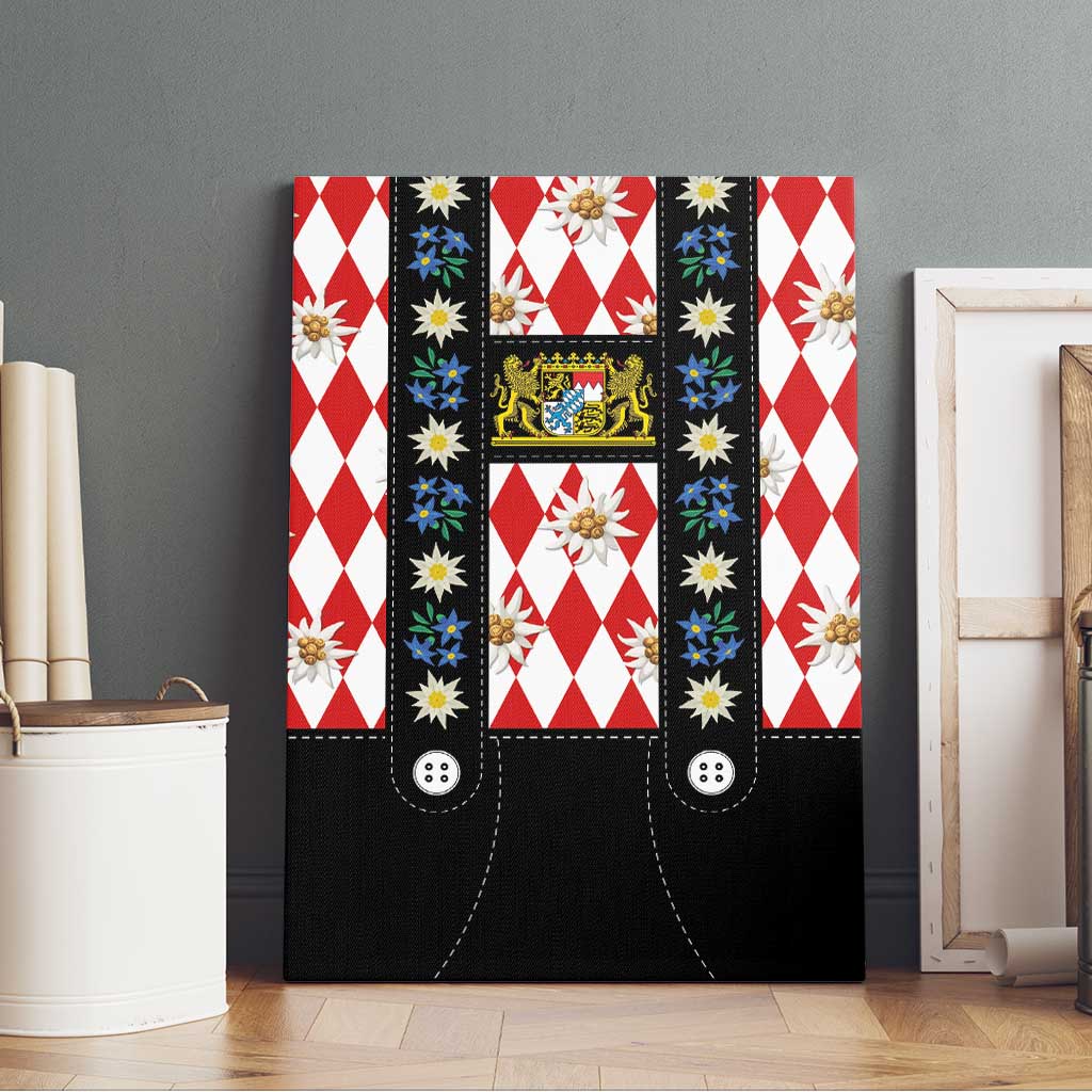 Bavaria Traditional Lederhosen Costume Canvas Wall Art Bavaria Emblem -  Red Plaid Pattern with Edelweiss Flowers