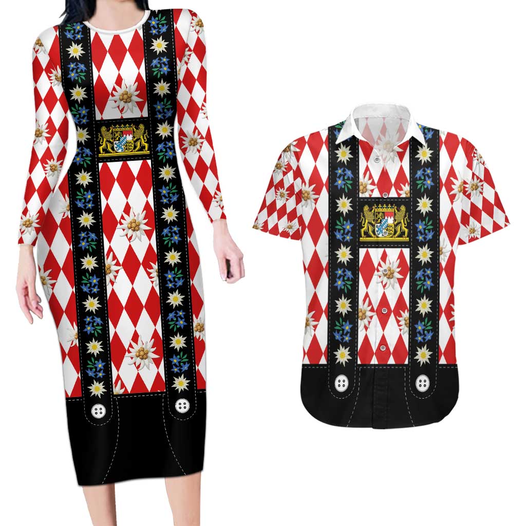 Bavaria Traditional Lederhosen Costume Couples Matching Long Sleeve Bodycon Dress and Hawaiian Shirt Bavaria Emblem -  Red Plaid Pattern with Edelweiss Flowers