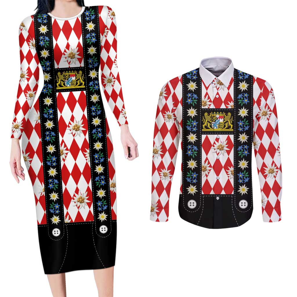 Bavaria Traditional Lederhosen Costume Couples Matching Long Sleeve Bodycon Dress and Long Sleeve Button Shirt Bavaria Emblem -  Red Plaid Pattern with Edelweiss Flowers