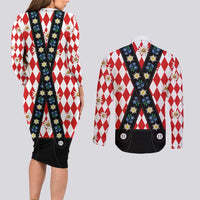 Bavaria Traditional Lederhosen Costume Couples Matching Long Sleeve Bodycon Dress and Long Sleeve Button Shirt Bavaria Emblem -  Red Plaid Pattern with Edelweiss Flowers