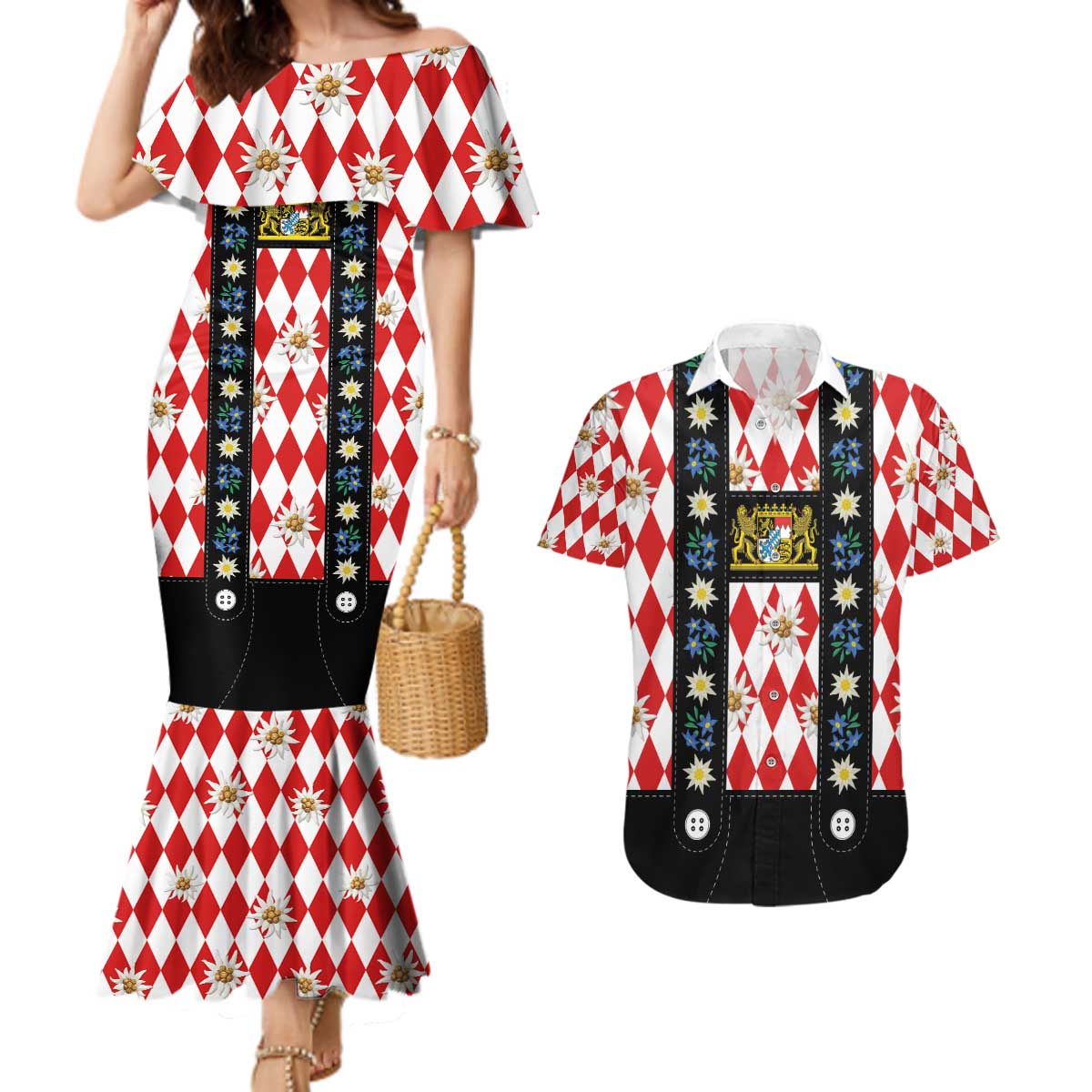 Bavaria Traditional Lederhosen Costume Couples Matching Mermaid Dress and Hawaiian Shirt Bavaria Emblem -  Red Plaid Pattern with Edelweiss Flowers