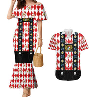 Bavaria Traditional Lederhosen Costume Couples Matching Mermaid Dress and Hawaiian Shirt Bavaria Emblem -  Red Plaid Pattern with Edelweiss Flowers