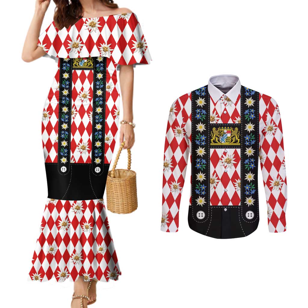 Bavaria Traditional Lederhosen Costume Couples Matching Mermaid Dress and Long Sleeve Button Shirt Bavaria Emblem -  Red Plaid Pattern with Edelweiss Flowers