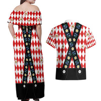 Bavaria Traditional Lederhosen Costume Couples Matching Off Shoulder Maxi Dress and Hawaiian Shirt Bavaria Emblem -  Red Plaid Pattern with Edelweiss Flowers