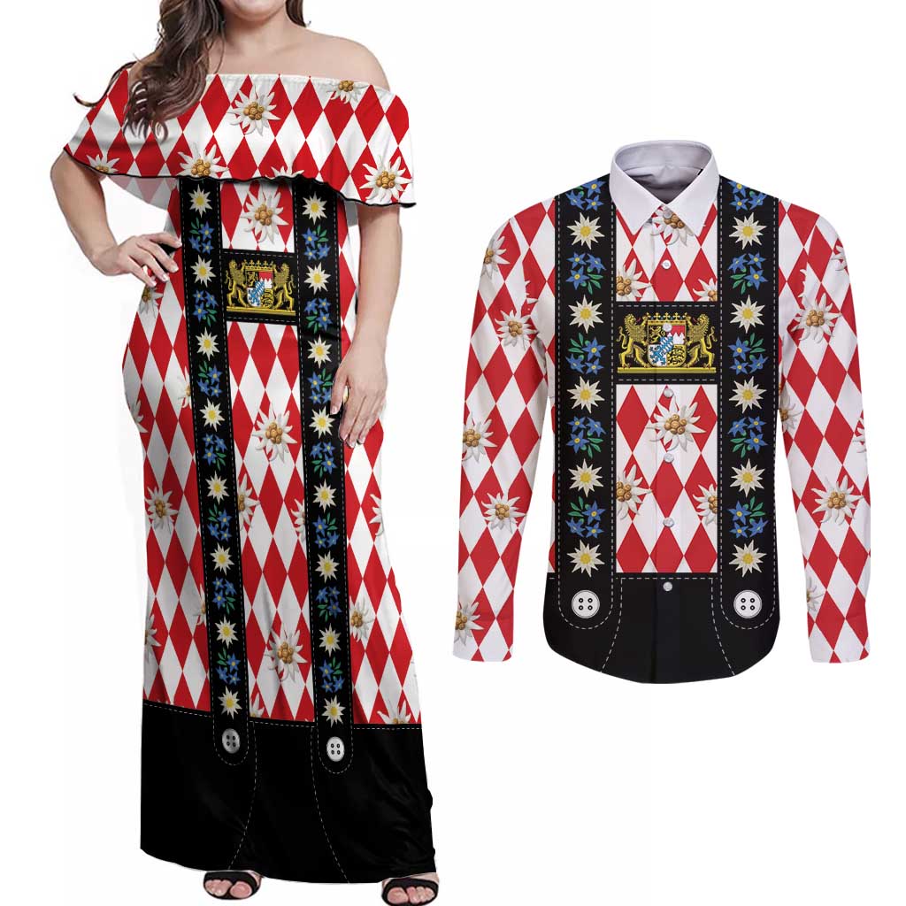 Bavaria Traditional Lederhosen Costume Couples Matching Off Shoulder Maxi Dress and Long Sleeve Button Shirt Bavaria Emblem -  Red Plaid Pattern with Edelweiss Flowers