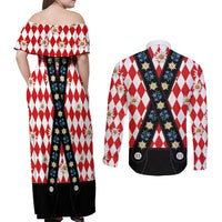 Bavaria Traditional Lederhosen Costume Couples Matching Off Shoulder Maxi Dress and Long Sleeve Button Shirt Bavaria Emblem -  Red Plaid Pattern with Edelweiss Flowers