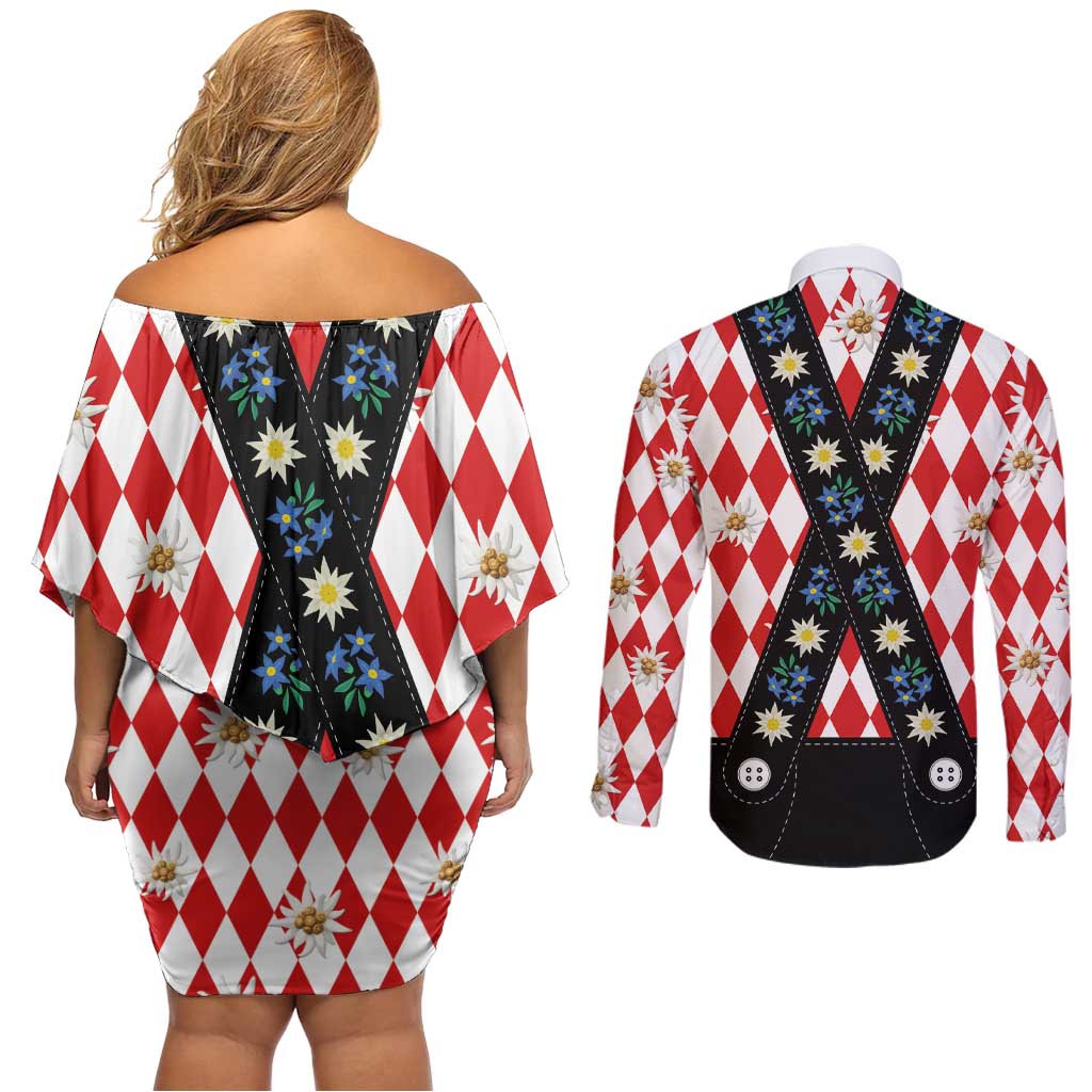 Bavaria Traditional Lederhosen Costume Couples Matching Off Shoulder Short Dress and Long Sleeve Button Shirt Bavaria Emblem -  Red Plaid Pattern with Edelweiss Flowers