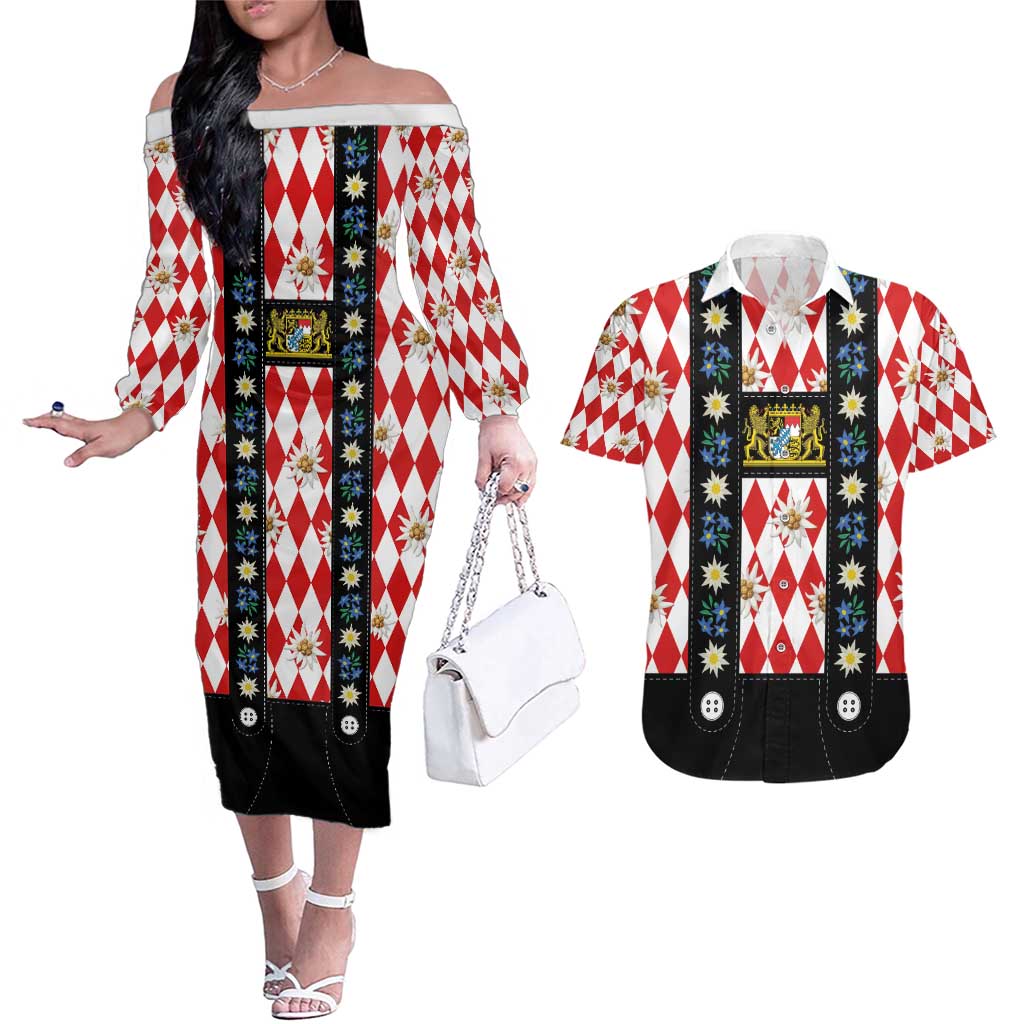 Bavaria Traditional Lederhosen Costume Couples Matching Off The Shoulder Long Sleeve Dress and Hawaiian Shirt Bavaria Emblem -  Red Plaid Pattern with Edelweiss Flowers