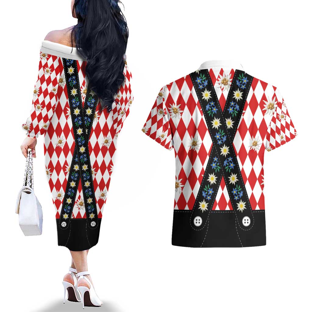 Bavaria Traditional Lederhosen Costume Couples Matching Off The Shoulder Long Sleeve Dress and Hawaiian Shirt Bavaria Emblem -  Red Plaid Pattern with Edelweiss Flowers