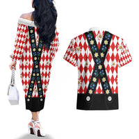 Bavaria Traditional Lederhosen Costume Couples Matching Off The Shoulder Long Sleeve Dress and Hawaiian Shirt Bavaria Emblem -  Red Plaid Pattern with Edelweiss Flowers