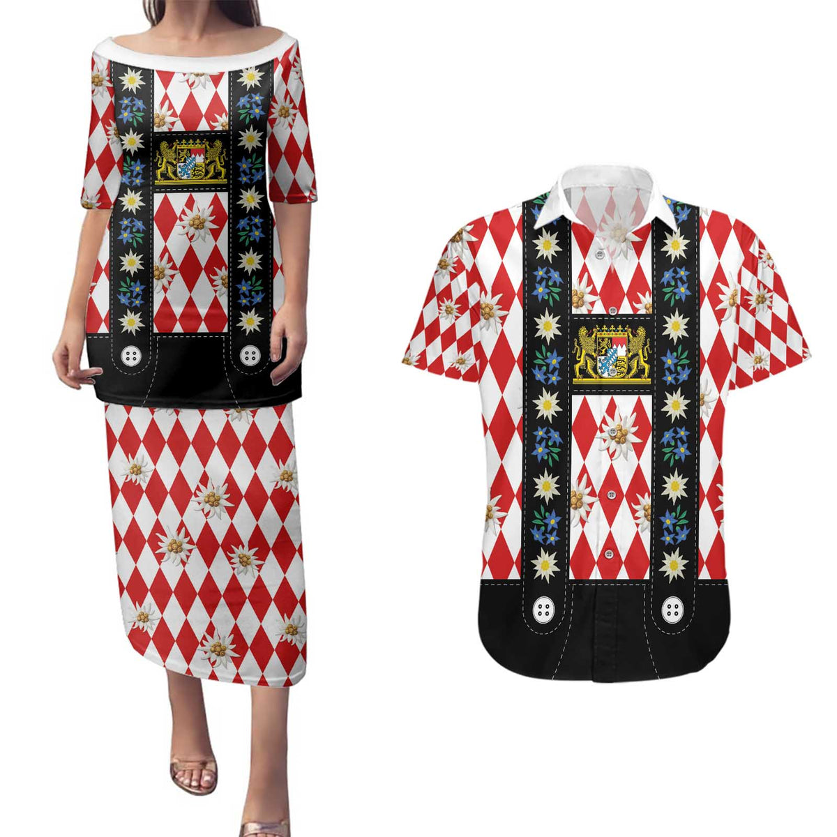 Bavaria Traditional Lederhosen Costume Couples Matching Puletasi and Hawaiian Shirt Bavaria Emblem -  Red Plaid Pattern with Edelweiss Flowers