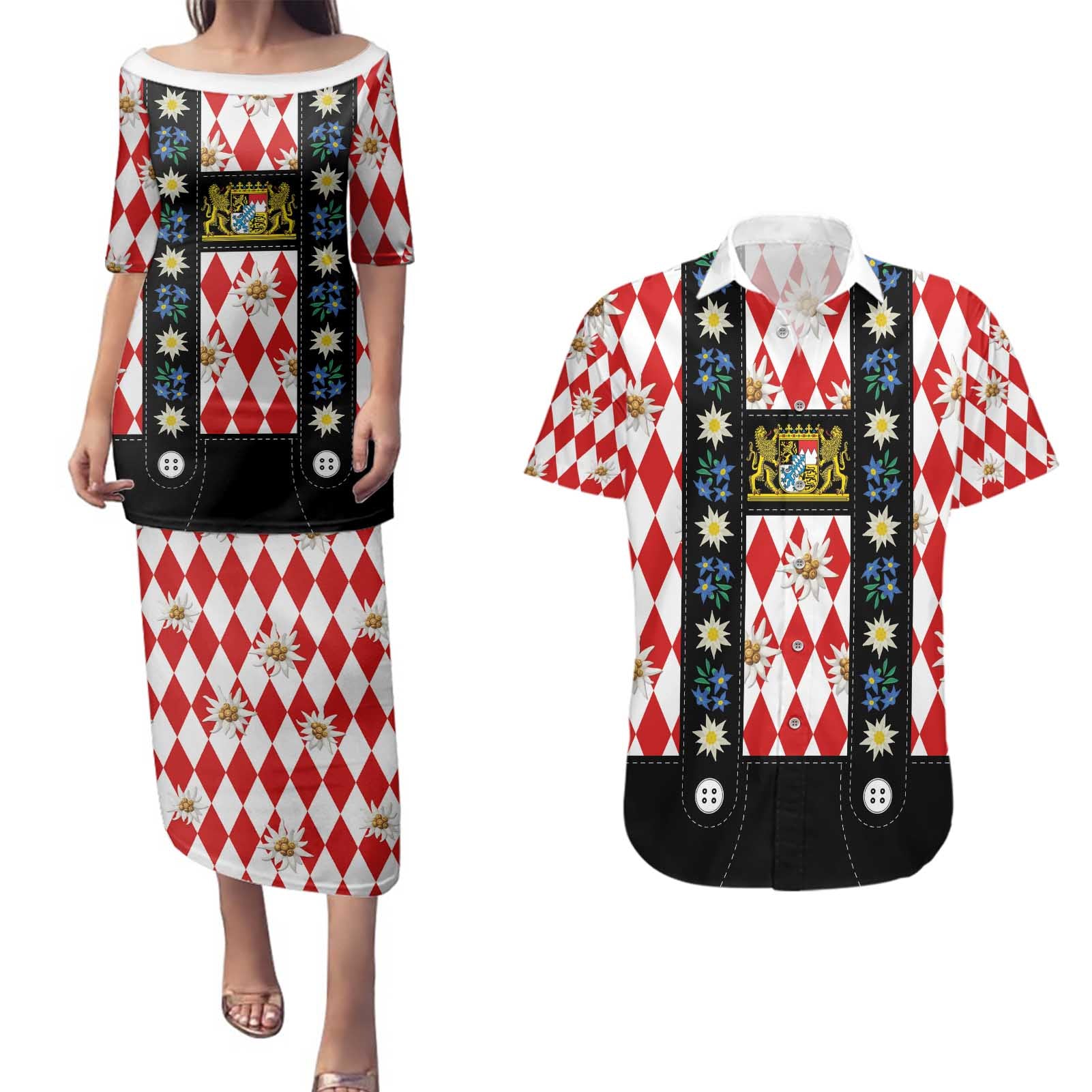 Bavaria Traditional Lederhosen Costume Couples Matching Puletasi and Hawaiian Shirt Bavaria Emblem -  Red Plaid Pattern with Edelweiss Flowers