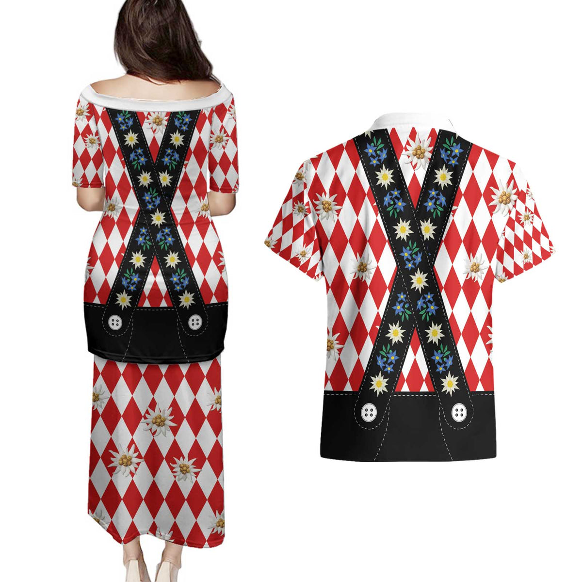 Bavaria Traditional Lederhosen Costume Couples Matching Puletasi and Hawaiian Shirt Bavaria Emblem -  Red Plaid Pattern with Edelweiss Flowers