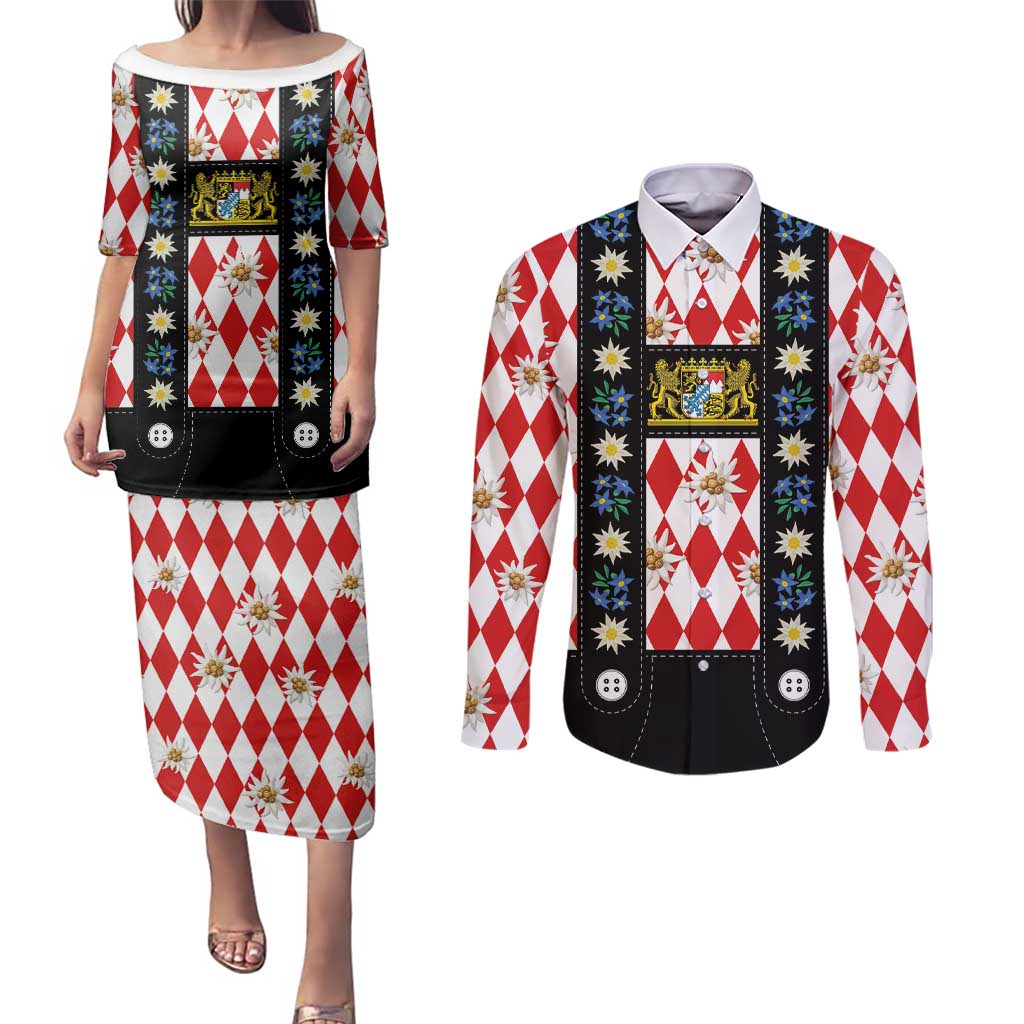 Bavaria Traditional Lederhosen Costume Couples Matching Puletasi and Long Sleeve Button Shirt Bavaria Emblem -  Red Plaid Pattern with Edelweiss Flowers