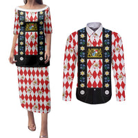 Bavaria Traditional Lederhosen Costume Couples Matching Puletasi and Long Sleeve Button Shirt Bavaria Emblem -  Red Plaid Pattern with Edelweiss Flowers