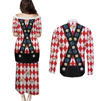 Bavaria Traditional Lederhosen Costume Couples Matching Puletasi and Long Sleeve Button Shirt Bavaria Emblem -  Red Plaid Pattern with Edelweiss Flowers