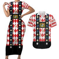 Bavaria Traditional Lederhosen Costume Couples Matching Short Sleeve Bodycon Dress and Hawaiian Shirt Bavaria Emblem -  Red Plaid Pattern with Edelweiss Flowers