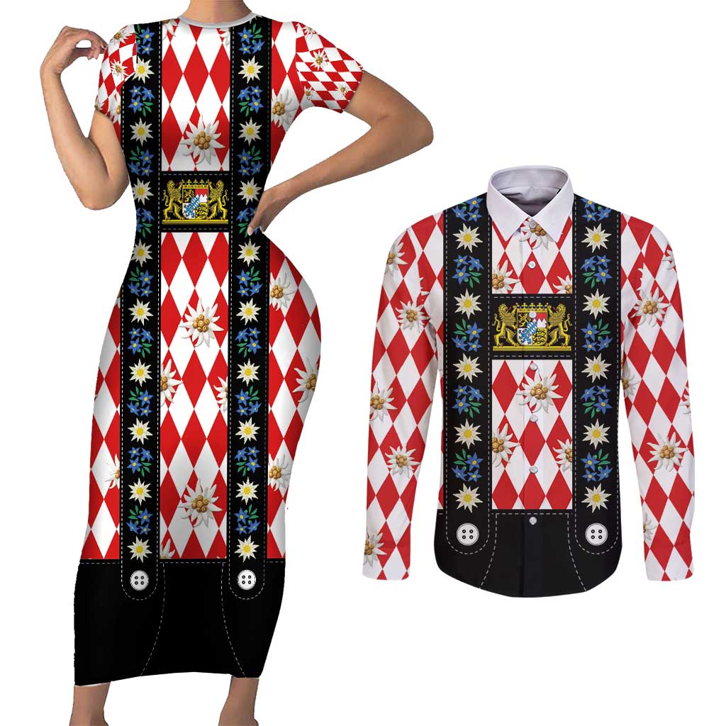 Bavaria Traditional Lederhosen Costume Couples Matching Short Sleeve Bodycon Dress and Long Sleeve Button Shirt Bavaria Emblem -  Red Plaid Pattern with Edelweiss Flowers