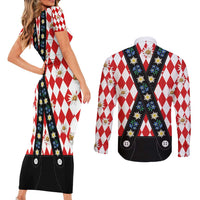 Bavaria Traditional Lederhosen Costume Couples Matching Short Sleeve Bodycon Dress and Long Sleeve Button Shirt Bavaria Emblem -  Red Plaid Pattern with Edelweiss Flowers