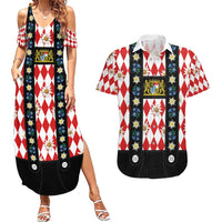 Bavaria Traditional Lederhosen Costume Couples Matching Summer Maxi Dress and Hawaiian Shirt Bavaria Emblem -  Red Plaid Pattern with Edelweiss Flowers